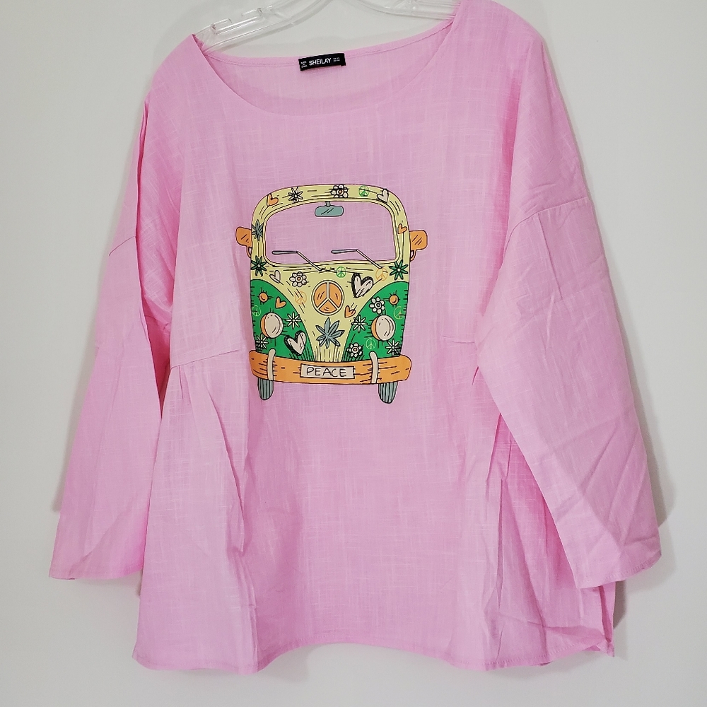 Sheilay Pink Peace Bus Top, Size 5XL